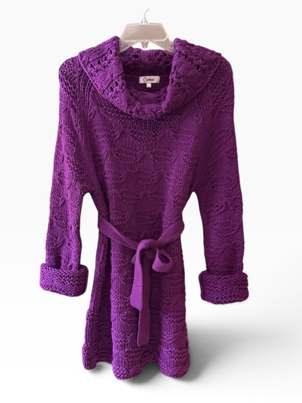 Y2K Chic Carducci Purple Chunk Knit Cowl-Neck Belted Sweater/Dress Size L NWOT